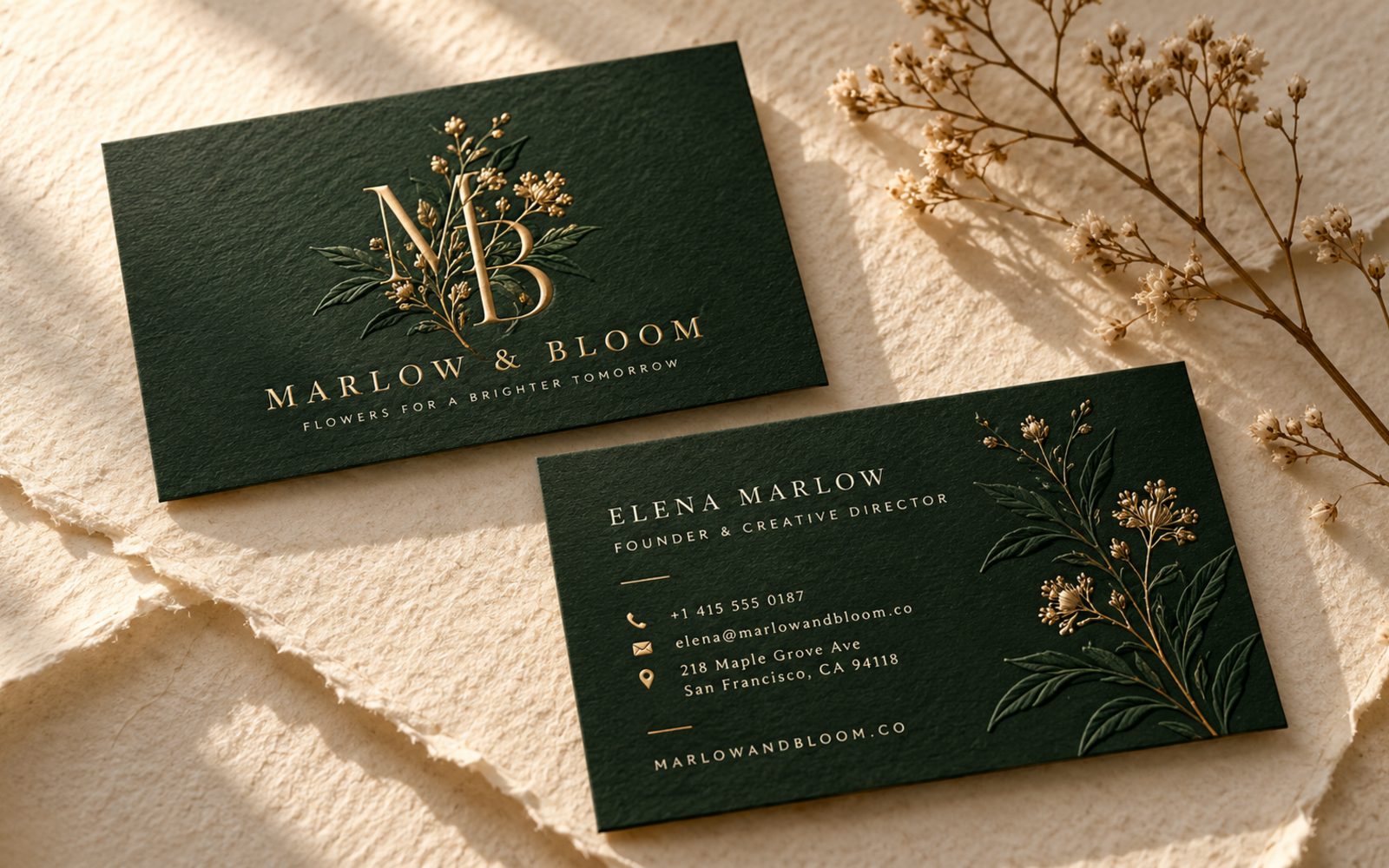 Luxury green and gold business card mockup for Marlow and Bloom