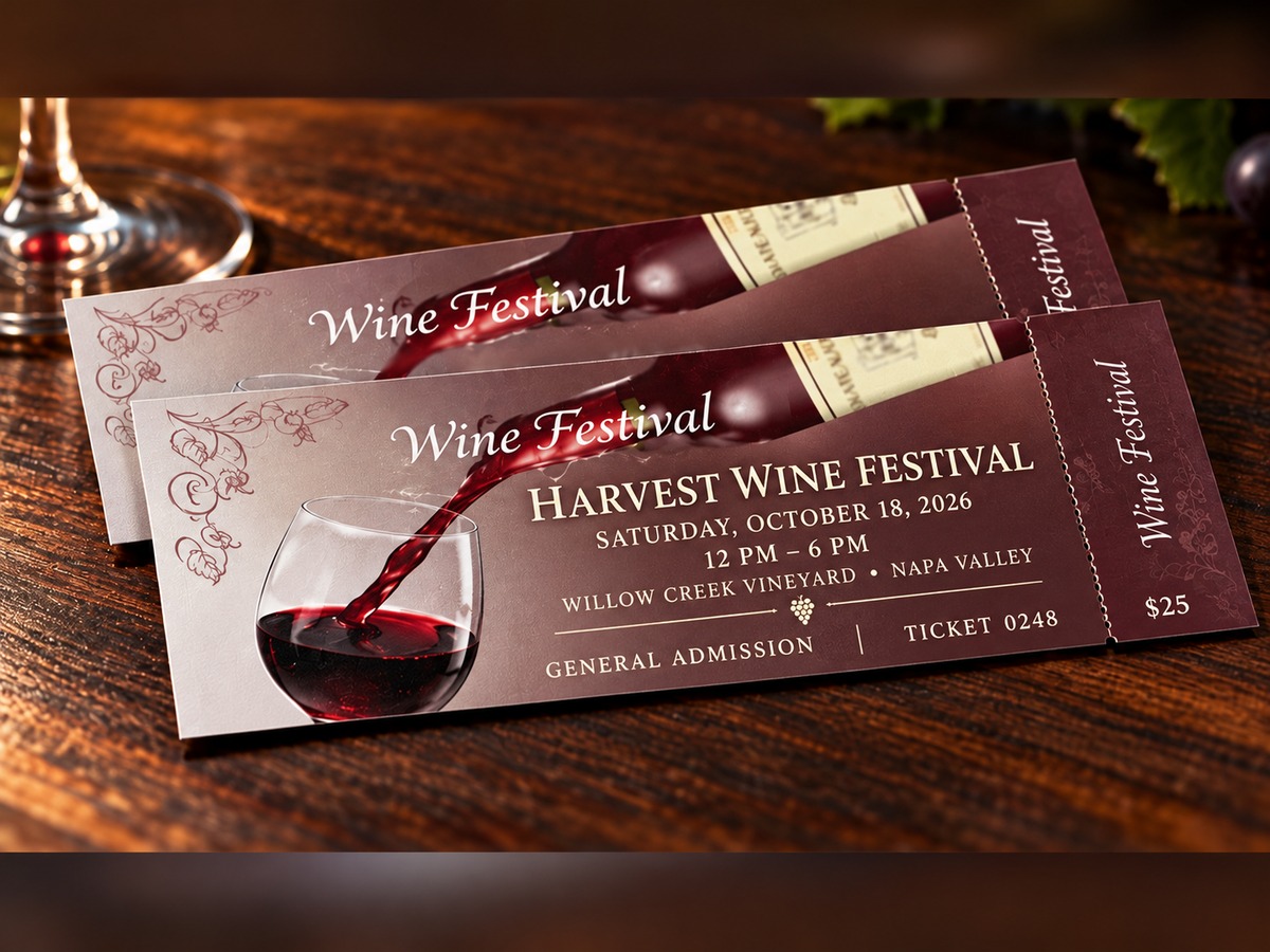Wine festival ticket mockup with fictional event details