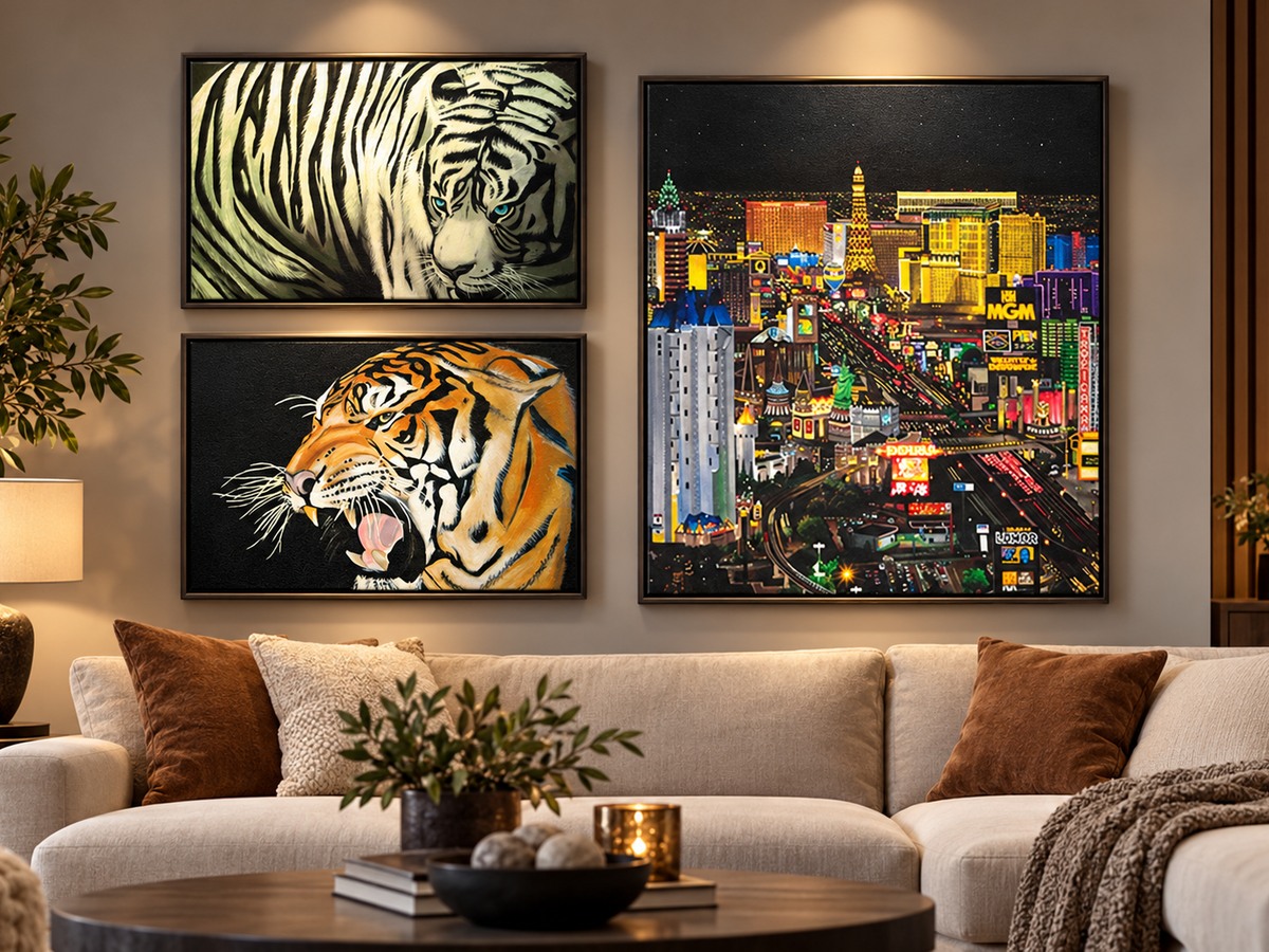 Original paintings displayed in a gallery